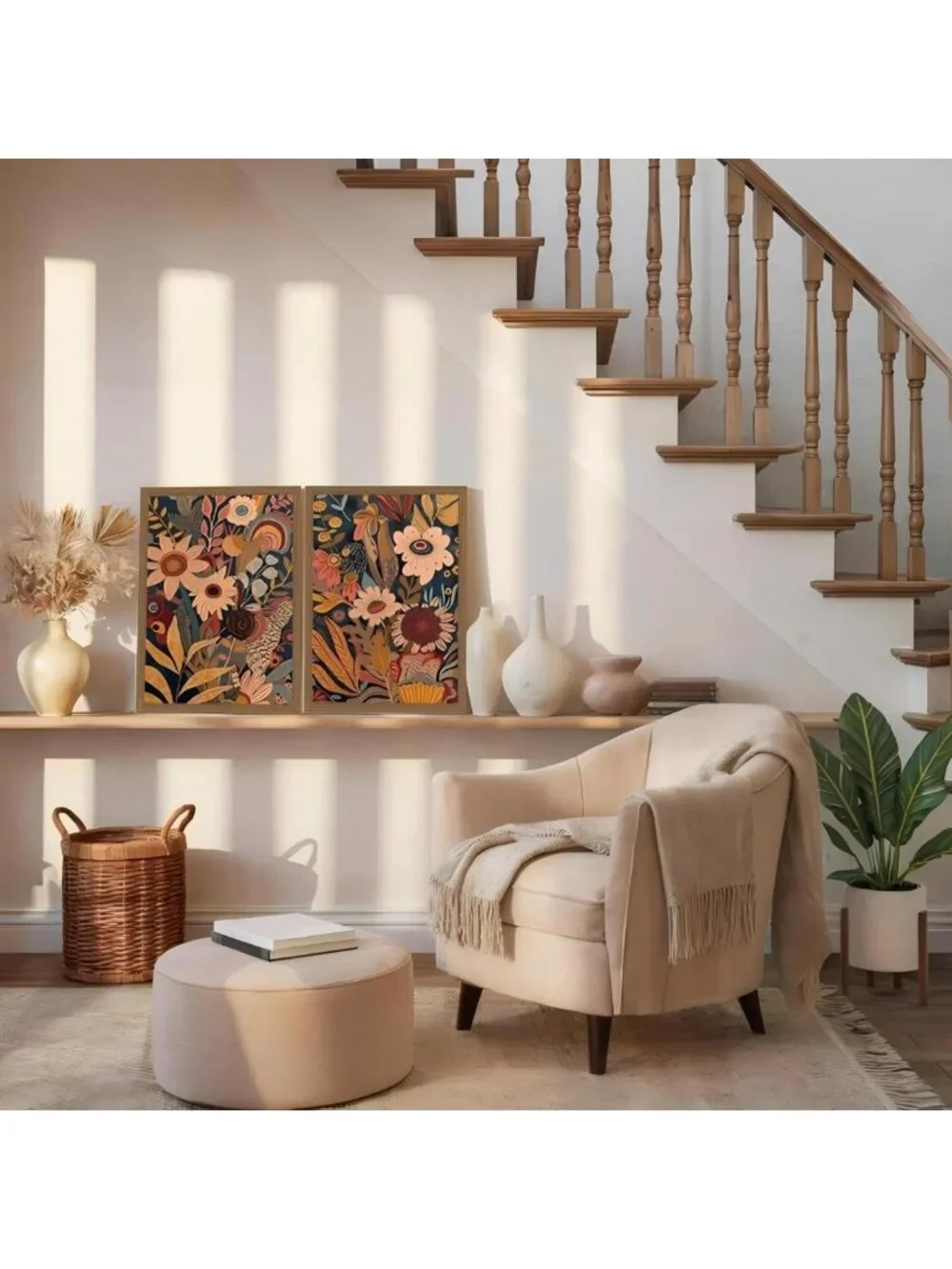 Set of 2 Orange Floral Canvas Wall Art - Bohemian Mid Century Decor for Home